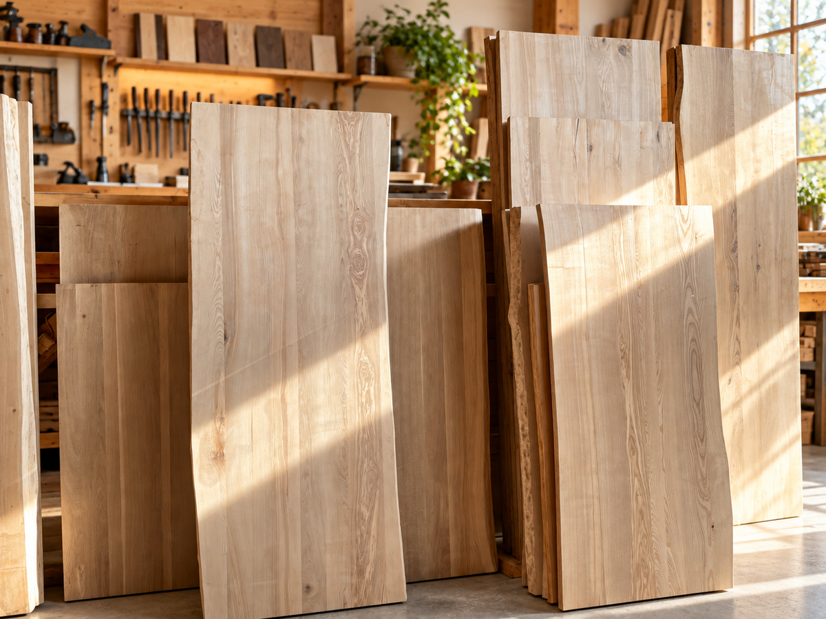Inszeniertes Wohnbeispiel – massive Eichentischplatten im Möbelatelier