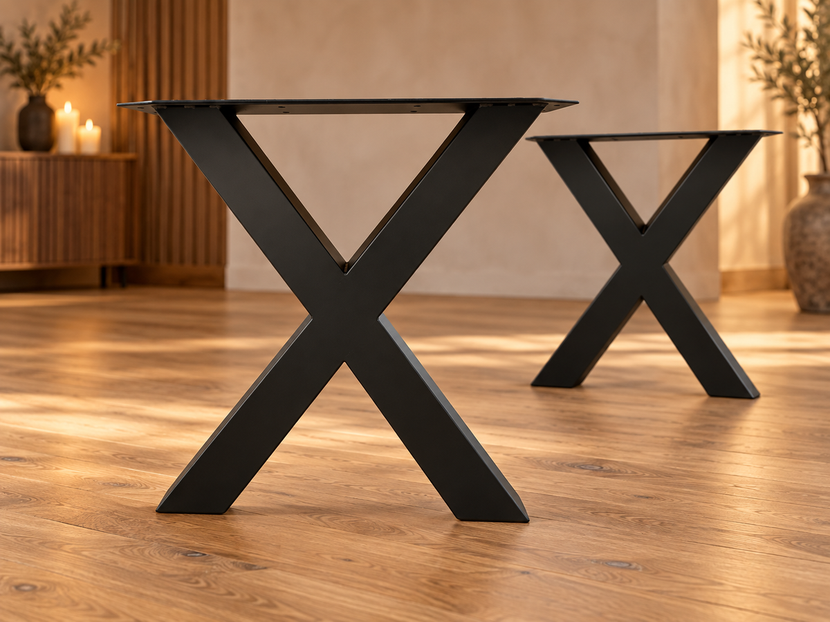 Inszeniertes Wohnbeispiel – X-Tischgestelle aus schwarzem Stahl unmontiert im Möbelatelier