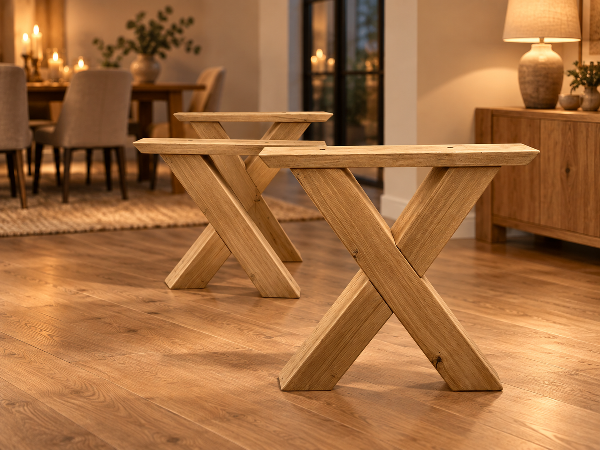 Inszeniertes Wohnbeispiel – X-Tischgestelle aus Eiche unmontiert im Möbelatelier