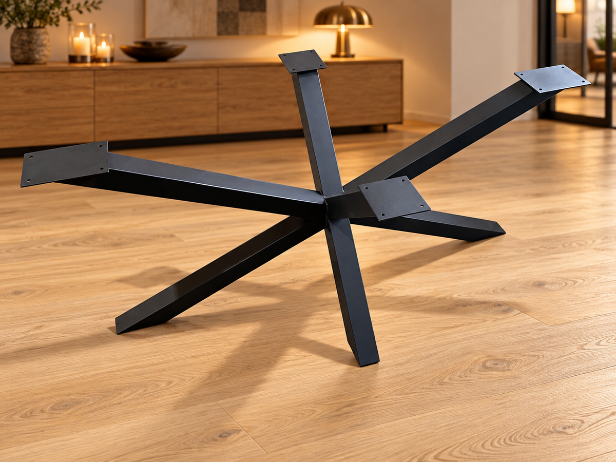 Inszeniertes Wohnbeispiel – Spider-Tischgestell aus schwarzem Stahl unmontiert im Möbelatelier