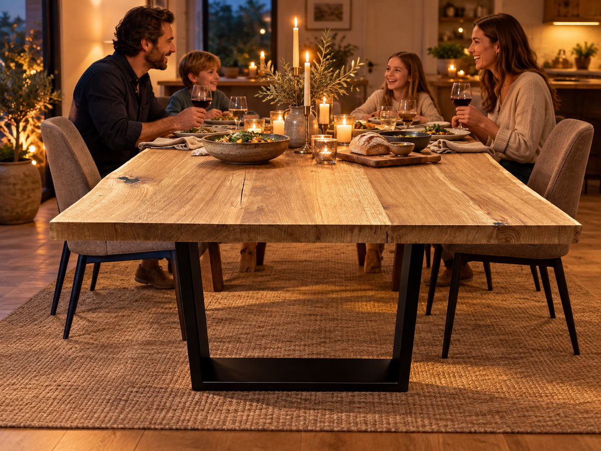 Inszeniertes Wohnbeispiel – Eichentisch mit schwarzem U-Gestell beim Familienessen