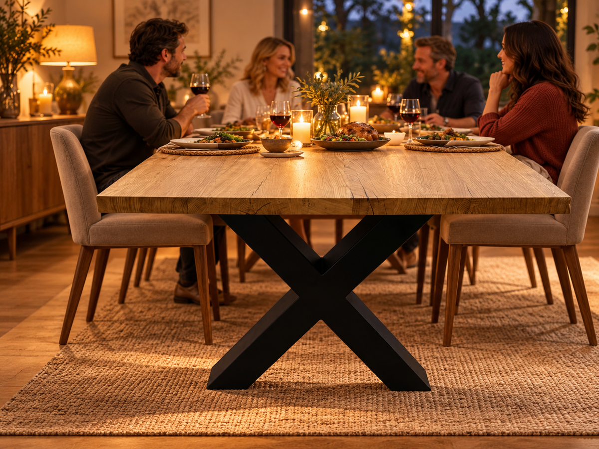 Inszeniertes Wohnbeispiel – Eichentisch mit schwarzem X-Gestell beim Familienessen